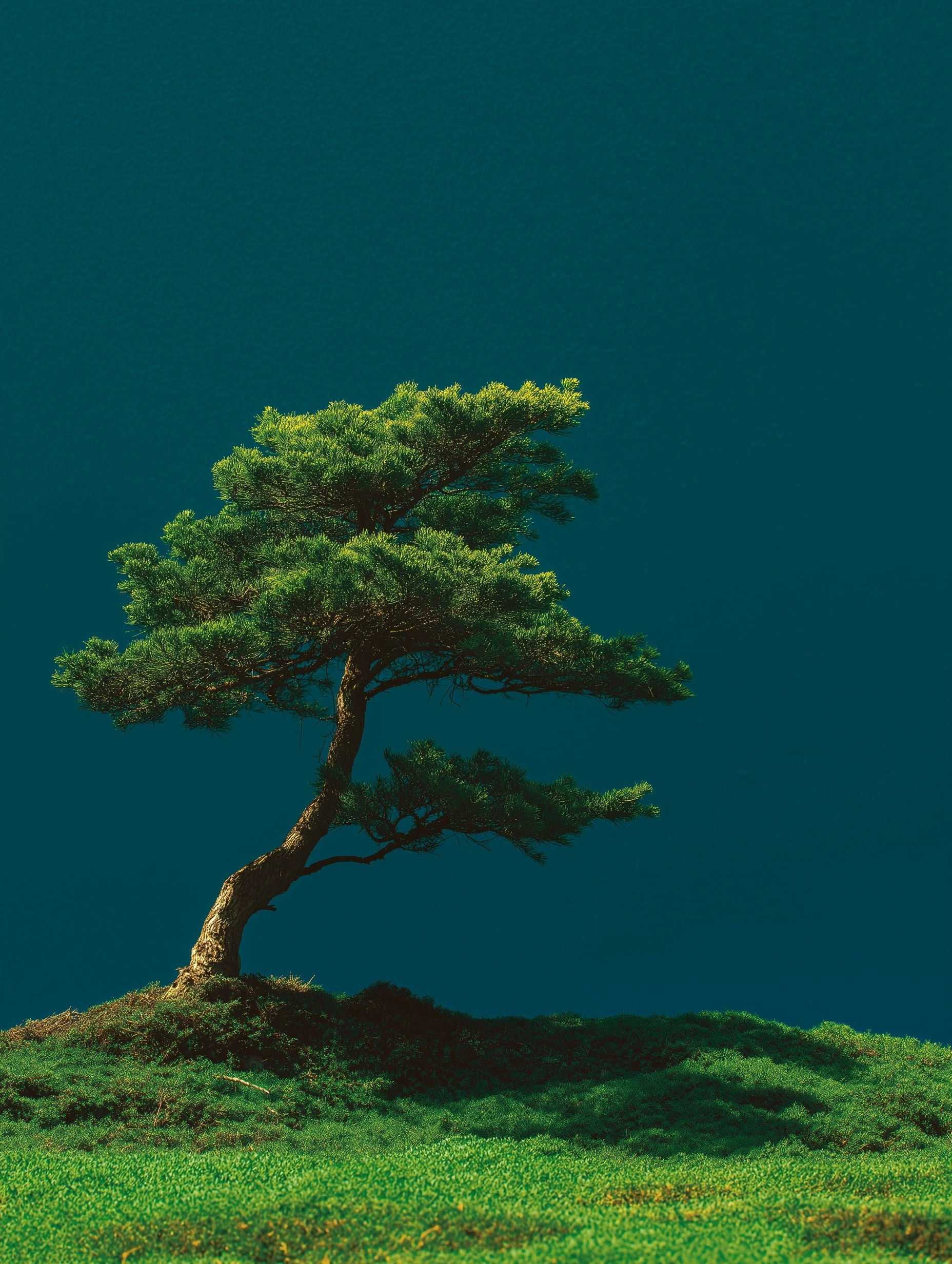 A lone cedar bonsai rooted on a mossy hill against a deep teal sky — enduring, shaped by time